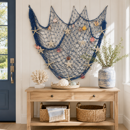 🌊✨ Coastal Fishing Net Wall Hanging with Fairy Lights