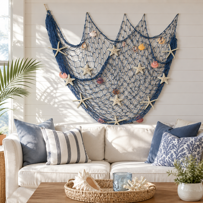 🌊✨ Coastal Fishing Net Wall Hanging with Fairy Lights