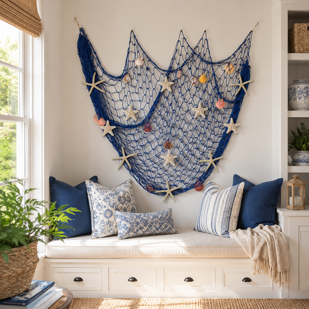🌊✨ Coastal Fishing Net Wall Hanging with Fairy Lights