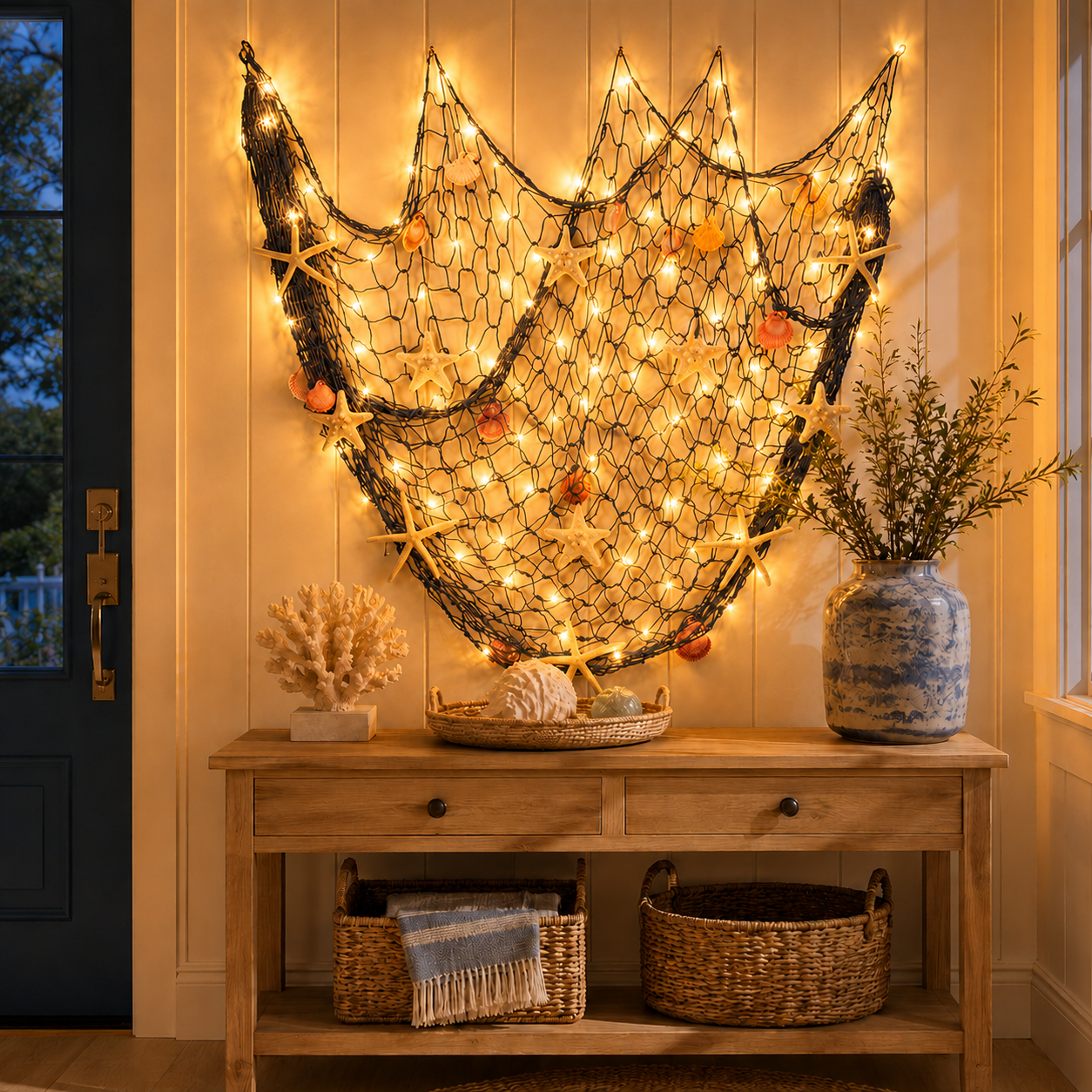🌊✨ Coastal Fishing Net Wall Hanging with Fairy Lights