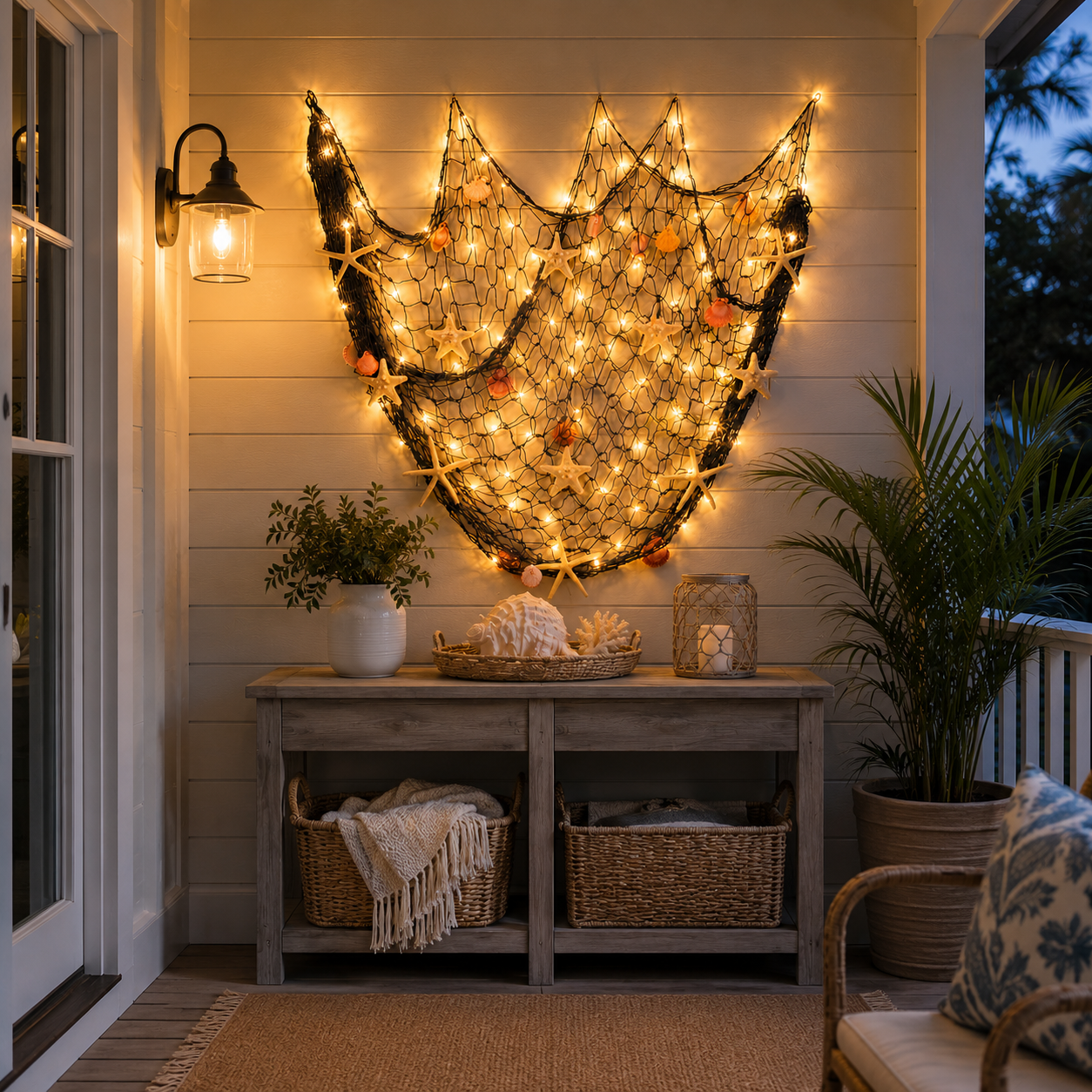 🌊✨ Coastal Fishing Net Wall Hanging with Fairy Lights