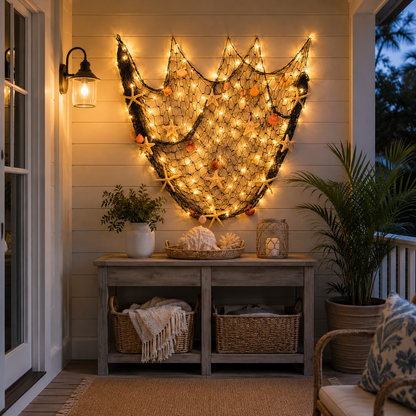 🌊✨ Coastal Fishing Net Wall Hanging with Fairy Lights