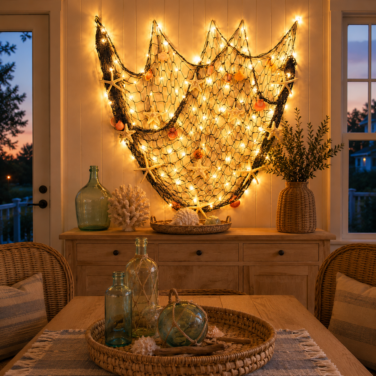 🌊✨ Coastal Fishing Net Wall Hanging with Fairy Lights