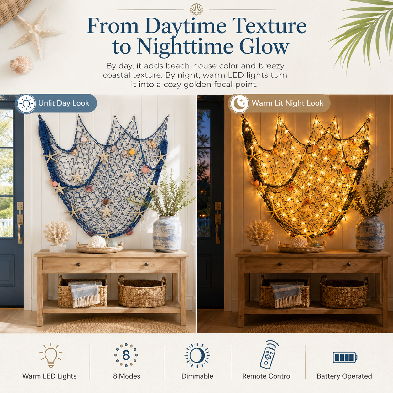 🌊✨ Coastal Fishing Net Wall Hanging with Fairy Lights