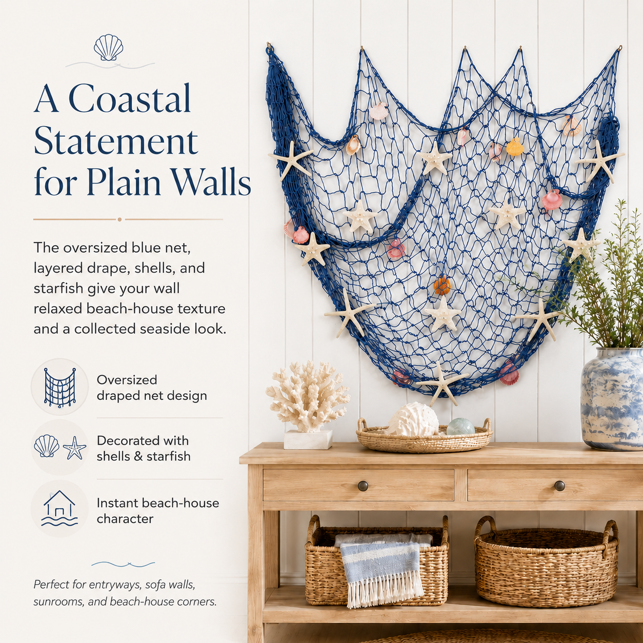 🌊✨ Coastal Fishing Net Wall Hanging with Fairy Lights