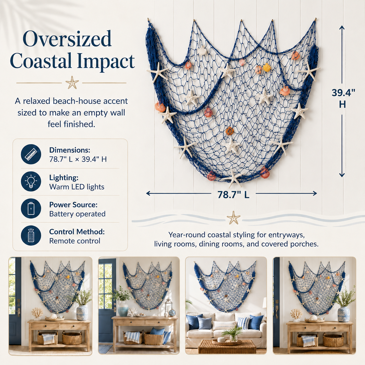 🌊✨ Coastal Fishing Net Wall Hanging with Fairy Lights