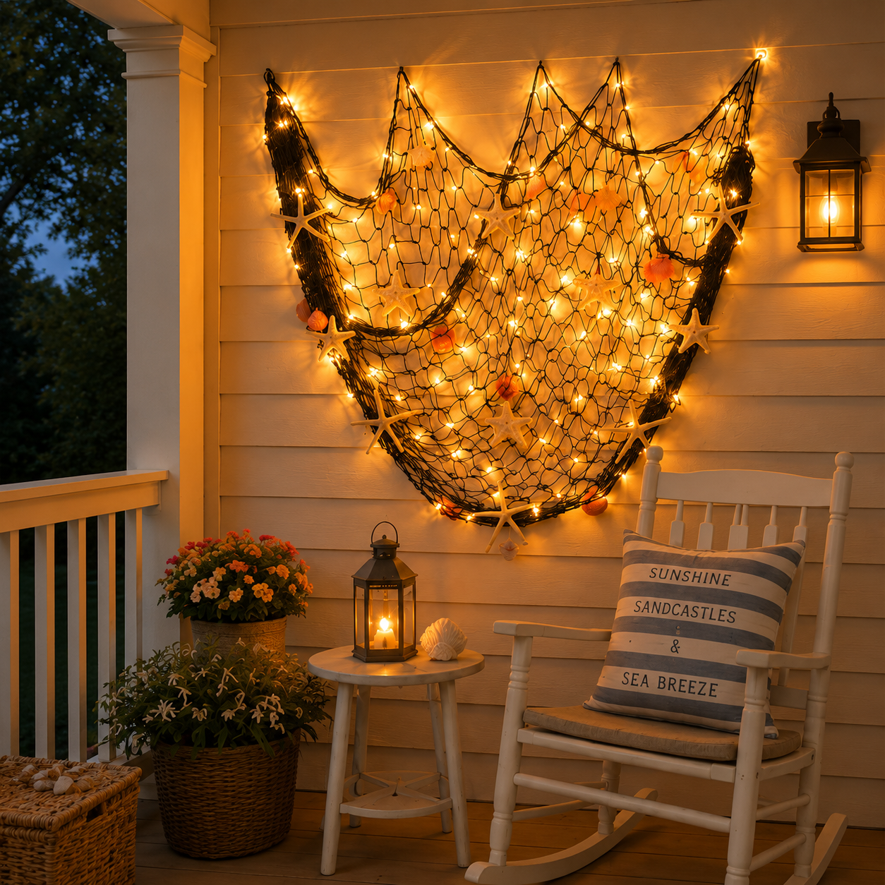 🌊✨ Coastal Fishing Net Wall Hanging with Fairy Lights