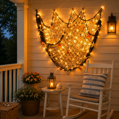 🌊✨ Coastal Fishing Net Wall Hanging with Fairy Lights