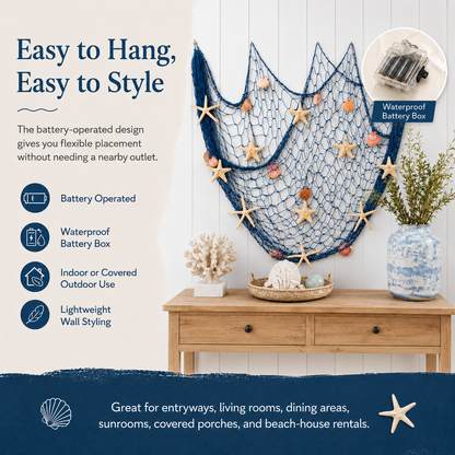 🌊✨ Coastal Fishing Net Wall Hanging with Fairy Lights