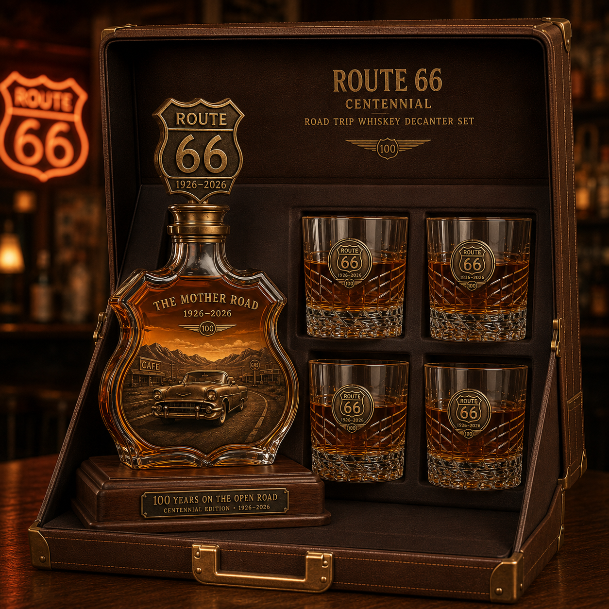🚘Route 66 Centennial Road Trip Whiskey Decanter Set｜Retro Highway Collectible Liquor Gift🛣️