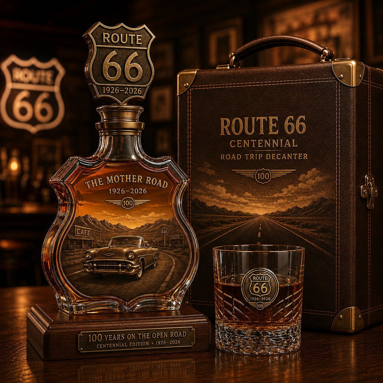🚘Route 66 Centennial Road Trip Whiskey Decanter Set｜Retro Highway Collectible Liquor Gift🛣️