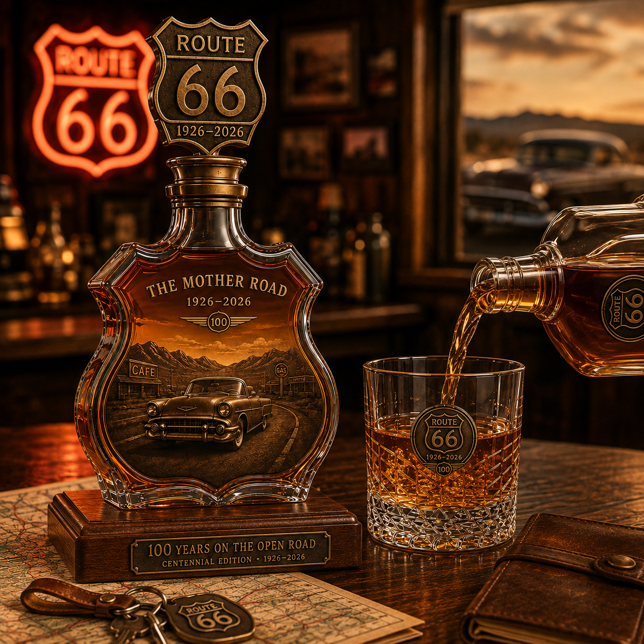 🚘Route 66 Centennial Road Trip Whiskey Decanter Set｜Retro Highway Collectible Liquor Gift🛣️