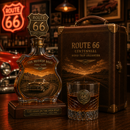 🚘Route 66 Centennial Road Trip Whiskey Decanter Set｜Retro Highway Collectible Liquor Gift🛣️