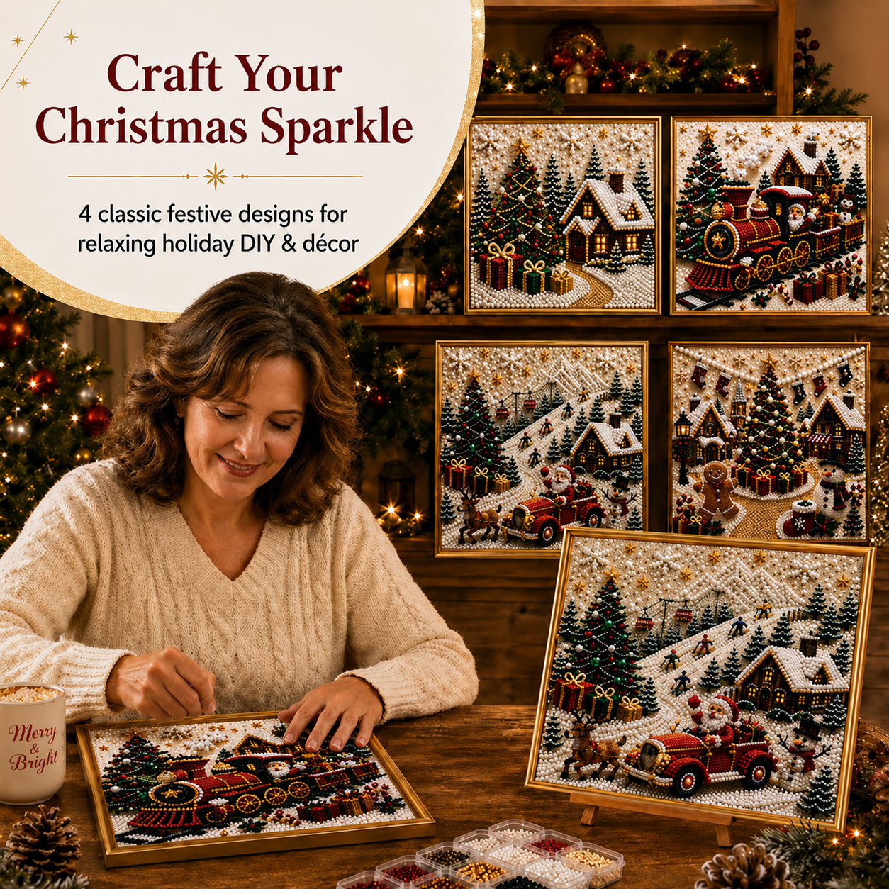🎄🎅 Premium 3D Pearl Christmas Wall Art Kit | Luxury Flocked Canvas with Scratch-Resistant Non-Fading Pearl Beads DIY Holiday Decor ⛄️❄️
