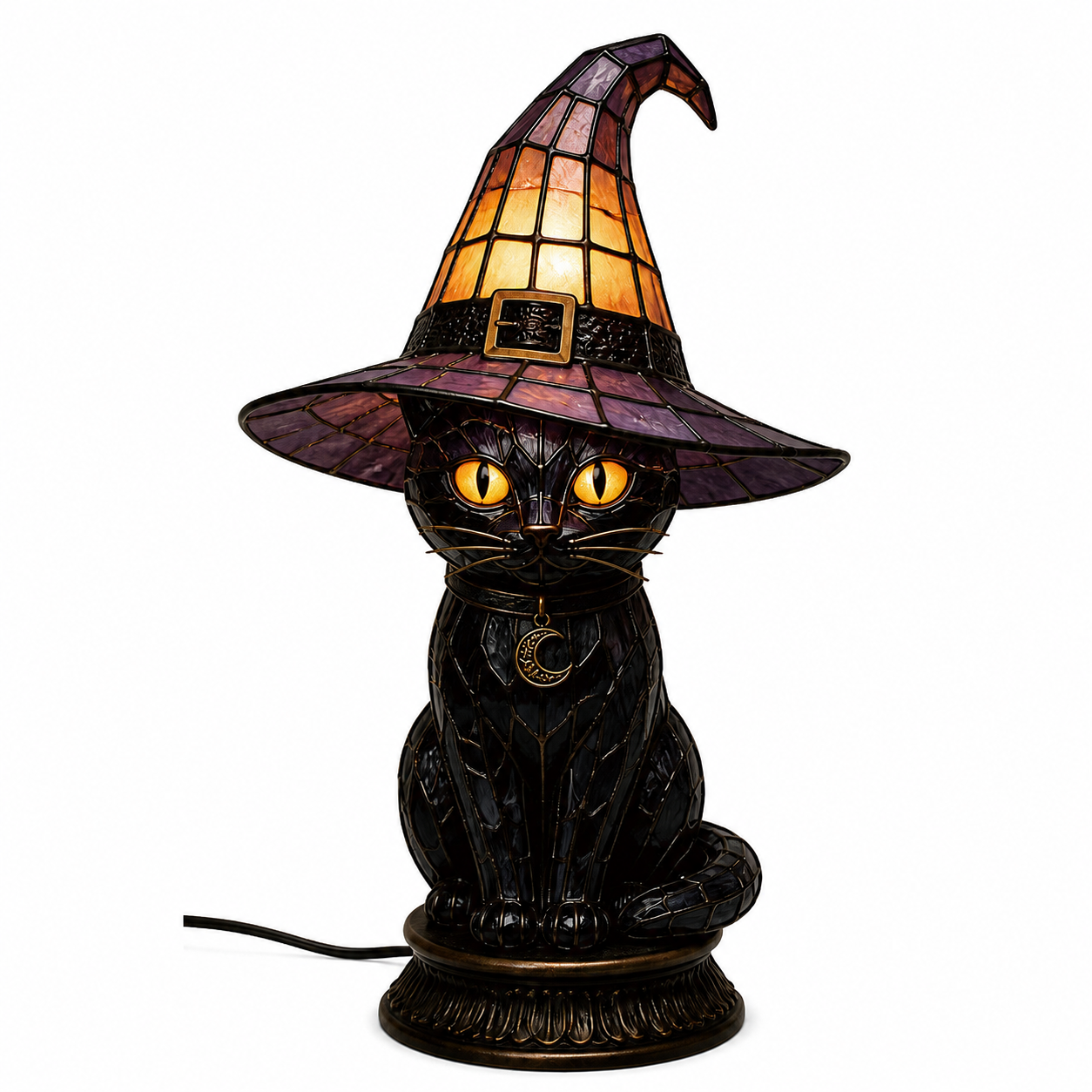 🔥Exclusive Limited Item 👍🔥50%OFF🐈 Gothic Stained Glass Witch Black Cat Table Lamp | Halloween Witch Hat Night Light Decor