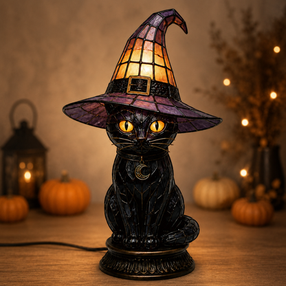 🔥Exclusive Limited Item 👍🔥50%OFF🐈 Gothic Stained Glass Witch Black Cat Table Lamp | Halloween Witch Hat Night Light Decor