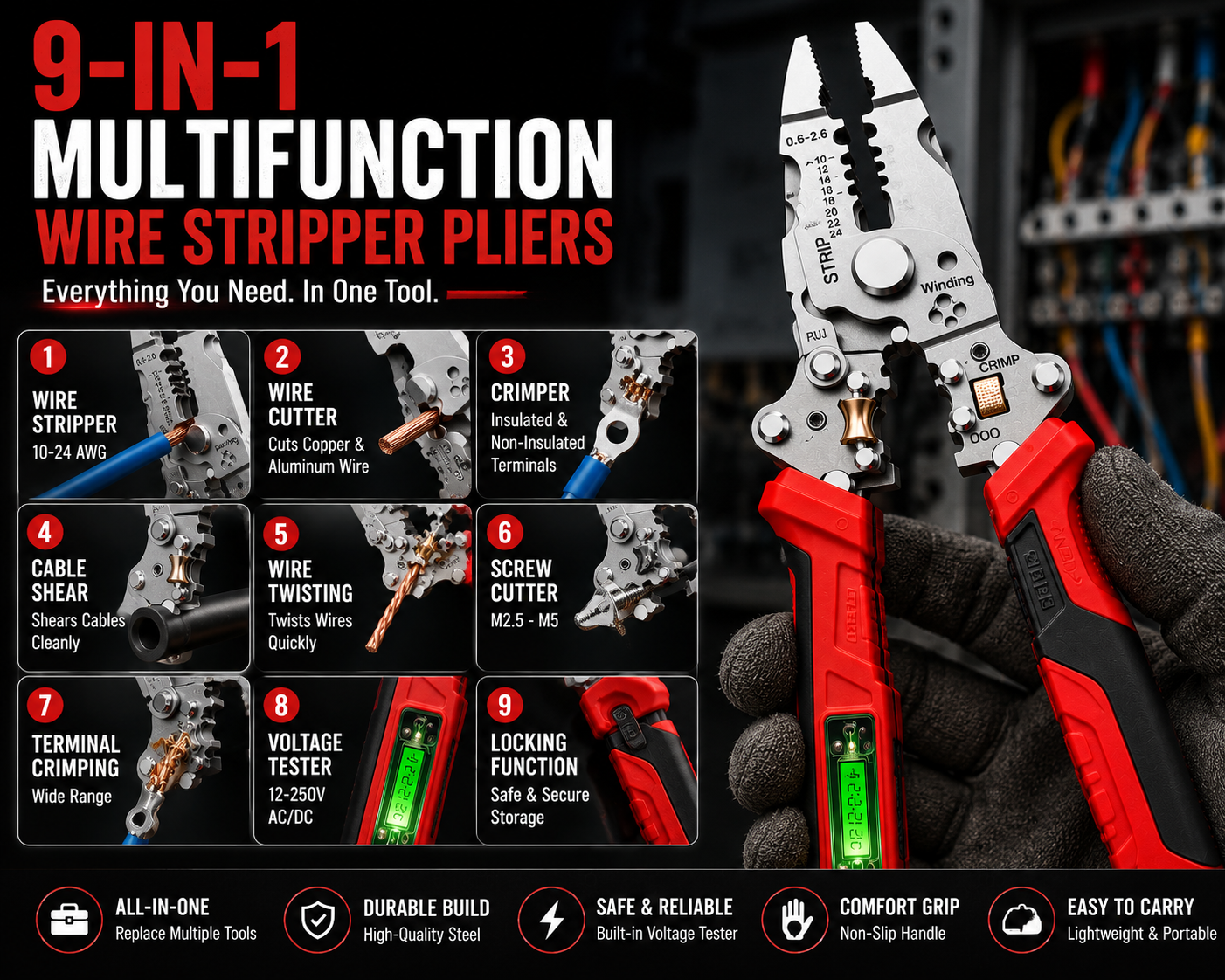 ⚡10-in-1 Wire Stripper Pliers With Voltage Tester | All-in-One Electrician Repair Tool