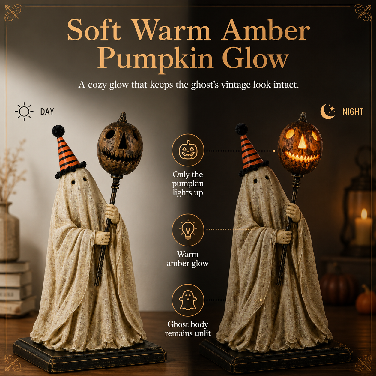 Summerween Sale 50% OFF 💕- Lighted Vintage Ghost Figurine with Glowing Pumpkin Staff