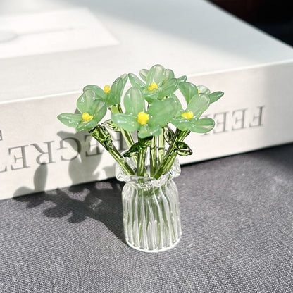 1 Set (7 Flowers+1 Vase) Handcrafted Mini Glass Artificial Flower Ornaments