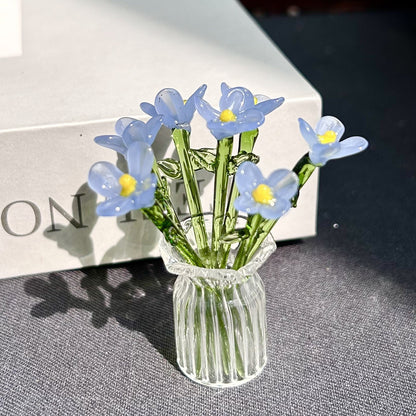 1 Set (7 Flowers+1 Vase) Handcrafted Mini Glass Artificial Flower Ornaments