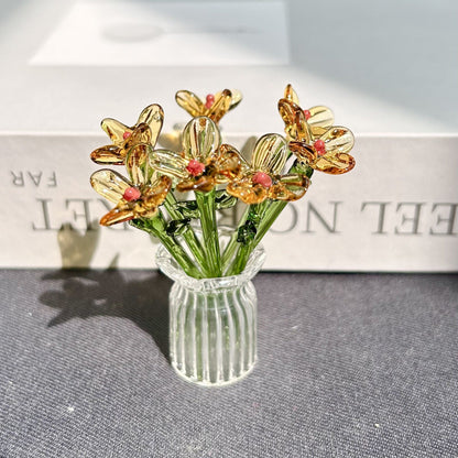 1 Set (7 Flowers+1 Vase) Handcrafted Mini Glass Artificial Flower Ornaments