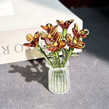 1 Set (7 Flowers+1 Vase) Handcrafted Mini Glass Artificial Flower Ornaments