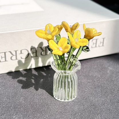 1 Set (7 Flowers+1 Vase) Handcrafted Mini Glass Artificial Flower Ornaments