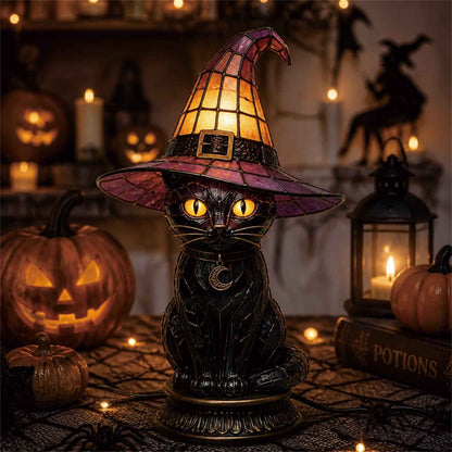 🔥Exclusive Limited Item 👍🔥50%OFF🐈 Gothic Stained Glass Witch Black Cat Table Lamp | Halloween Witch Hat Night Light Decor