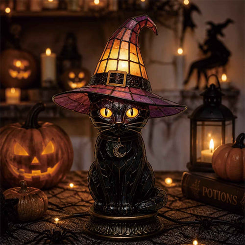 🔥Exclusive Limited Item 👍🔥50%OFF🐈 Gothic Stained Glass Witch Black Cat Table Lamp | Halloween Witch Hat Night Light Decor