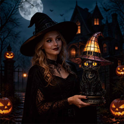 🔥Exclusive Limited Item 👍🔥50%OFF🐈 Gothic Stained Glass Witch Black Cat Table Lamp | Halloween Witch Hat Night Light Decor