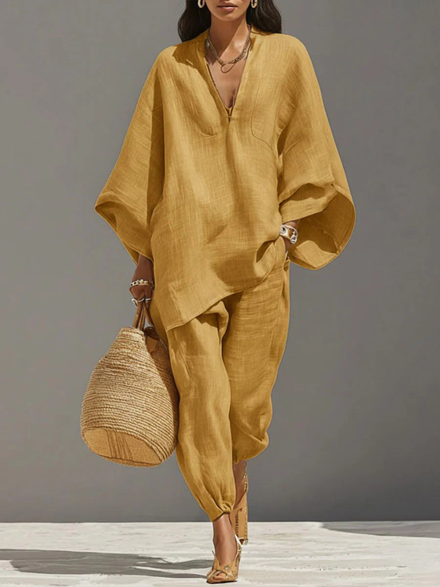 Women's Summer Loose Fit Solid Linen Deep V Neck Batwing Sleeve Pants Set
