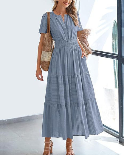 🔥 Women's Summer 2026 Casual Maxi Dress Lightweight Short Sleeve V Neck Boho Dress with Pockets