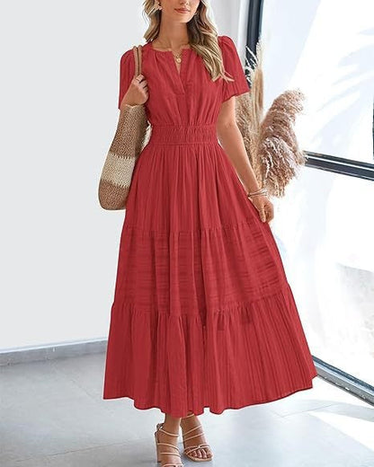 🔥 Women's Summer 2026 Casual Maxi Dress Lightweight Short Sleeve V Neck Boho Dress with Pockets
