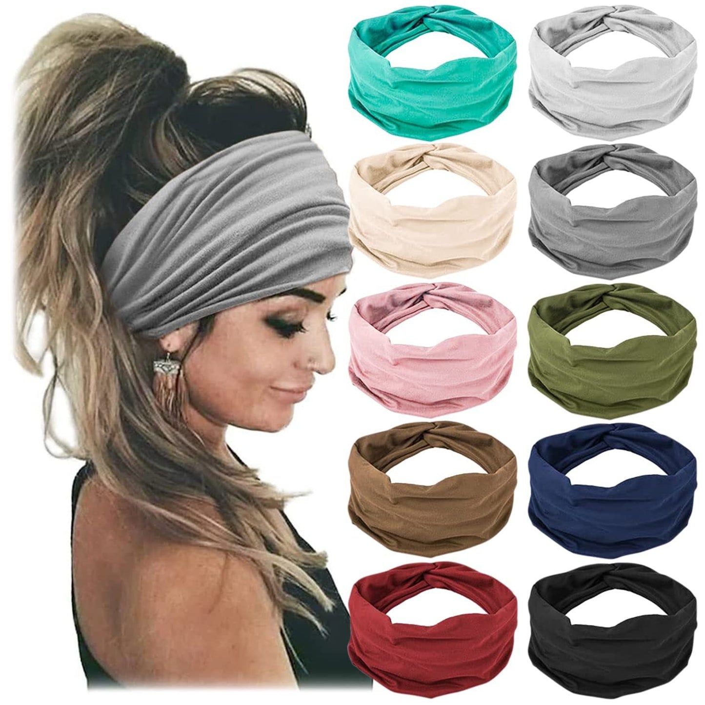 10 Pack Wide Knotted Turban Headbands for Women