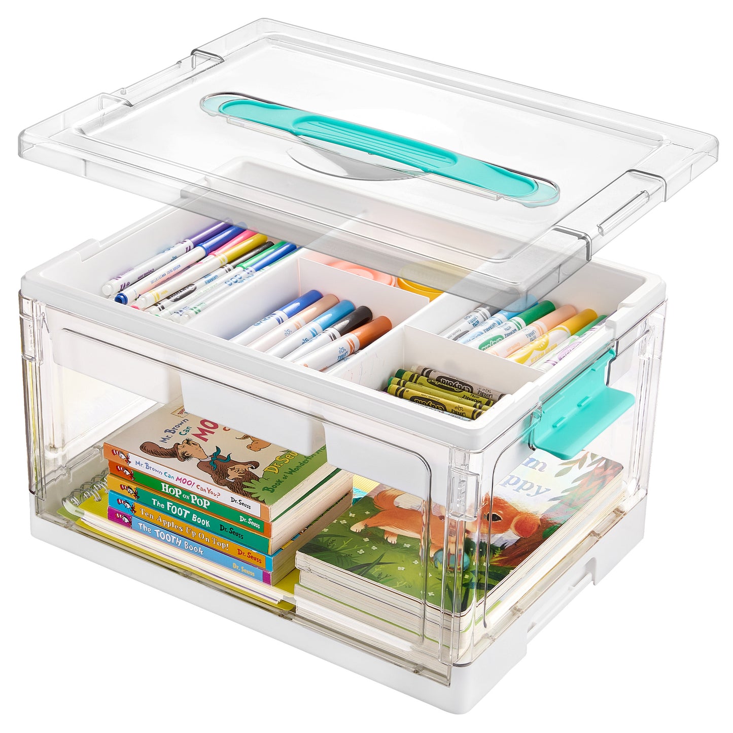 Vtopmart 24QT clear craft storage bin with tray and adjustable dividers for art toys, hair, bows