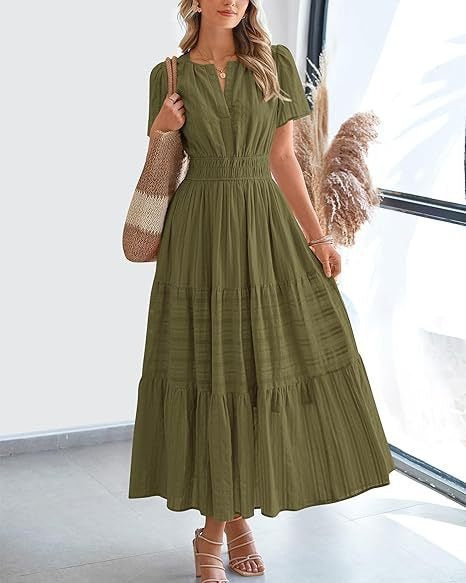 🔥 Women's Summer 2026 Casual Maxi Dress Lightweight Short Sleeve V Neck Boho Dress with Pockets