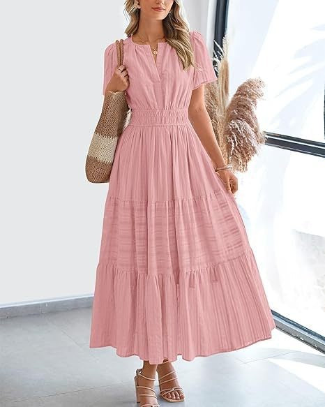 🔥 Women's Summer 2026 Casual Maxi Dress Lightweight Short Sleeve V Neck Boho Dress with Pockets