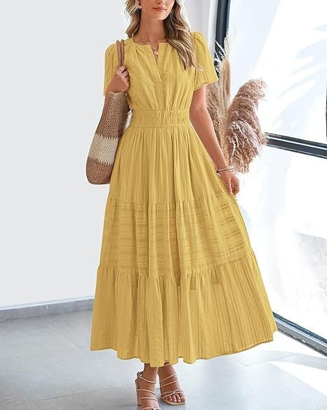 🔥 Women's Summer 2026 Casual Maxi Dress Lightweight Short Sleeve V Neck Boho Dress with Pockets