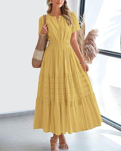 🔥 Women's Summer 2026 Casual Maxi Dress Lightweight Short Sleeve V Neck Boho Dress with Pockets