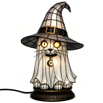🔥Exclusive Limited Item 👍🔥50%OFF🐈 Gothic Stained Glass Witch Black Cat Table Lamp | Halloween Witch Hat Night Light Decor