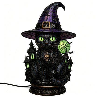 🔥Exclusive Limited Item 👍🔥50%OFF🐈 Gothic Stained Glass Witch Black Cat Table Lamp | Halloween Witch Hat Night Light Decor