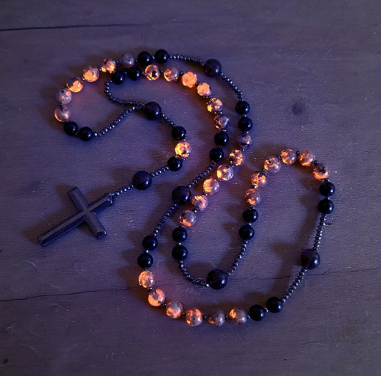 Natural Obsidian Yooperlite RosaryNecklace, UV Reactive EnergyProtection Healing Crystal