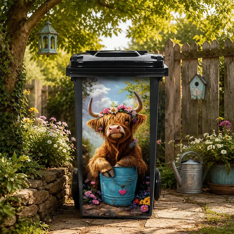 🐮 Highland Cow Floral Print Bin Sticker