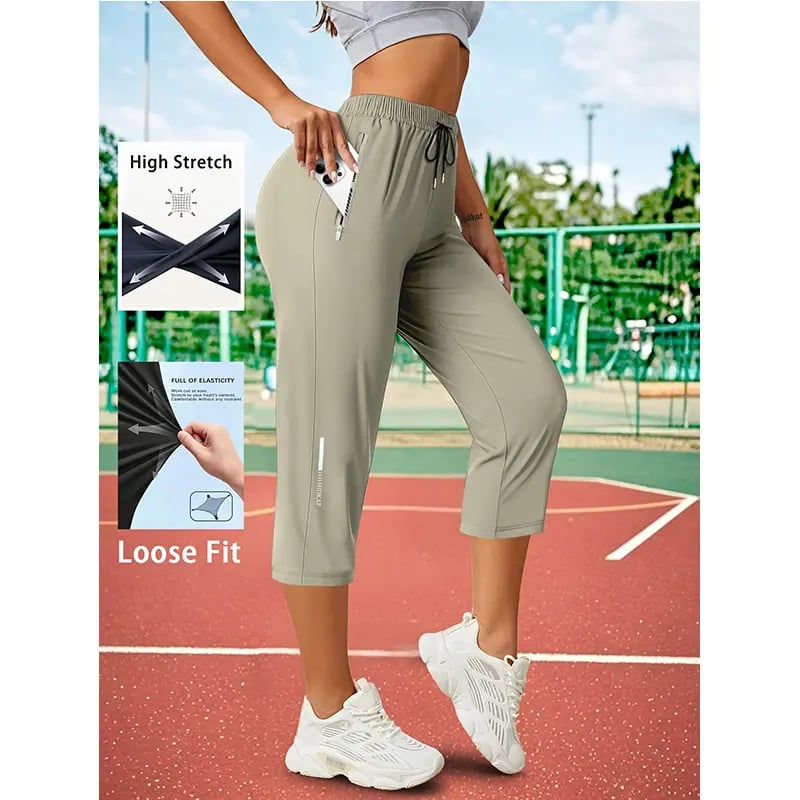 Women’s Capri Pants – Loose Fit, Summer Drawstring Waist, Zipper Pockets, Breathable High-Stretch Fabric, Suitable for Everyday Wear