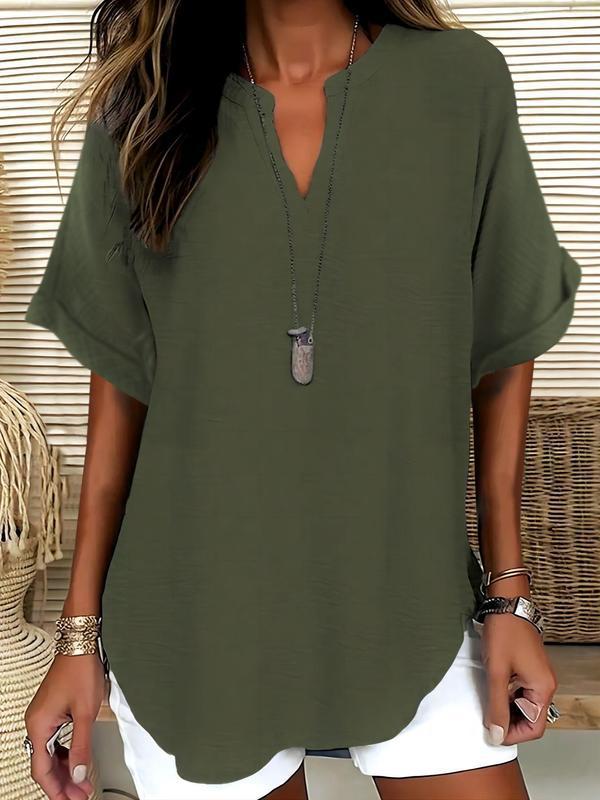 🔥Women's Plain Short Sleeve Blouse, Casual Solid Color Top for Daily Wear, Ladies Clothes for All Seasons