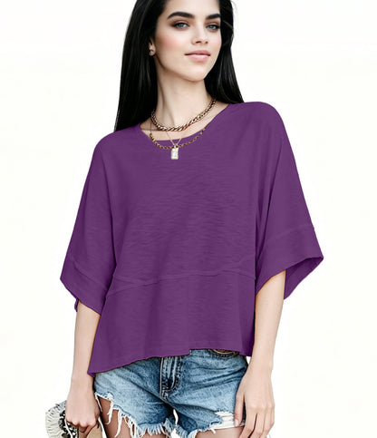 Women's Summer Casual Crewneck Batwing Half Sleeve T-Shirts Solid Color Loose Fit Cute Basic Flowy Tops Tees Blouses