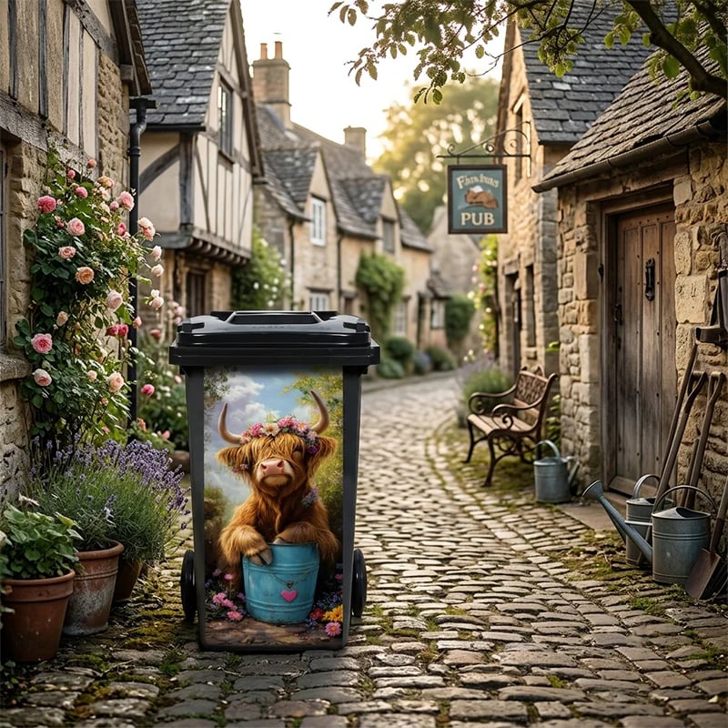 🐮 Highland Cow Floral Print Bin Sticker