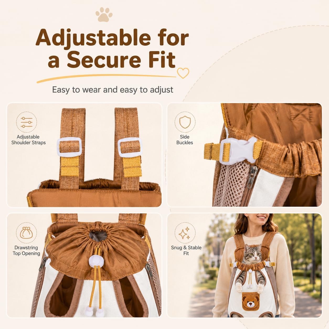 Cute Bear Design Front Pet Carrier Backpack, Breathable Adjustable Hands-Free Travel Chest Bag for Cats Small Dogs Walking Shopping Vet Visits