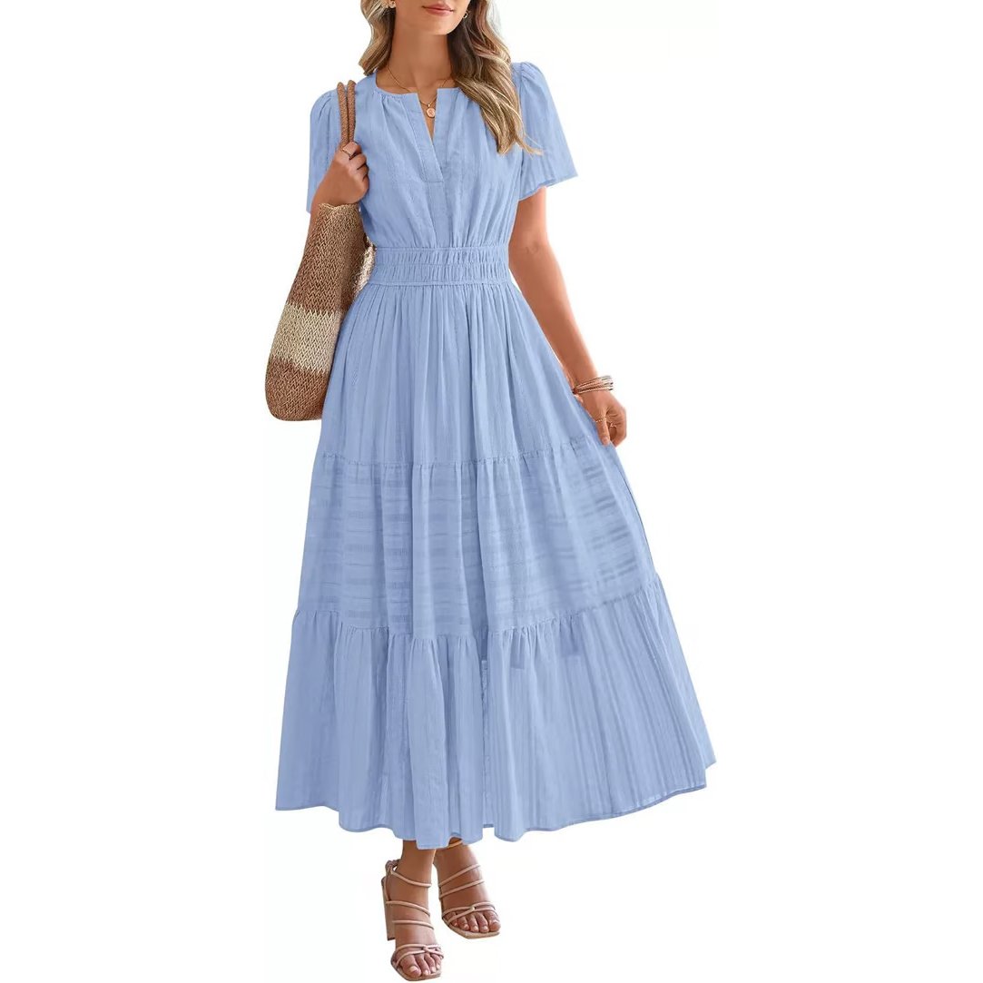🔥 Women's Summer 2026 Casual Maxi Dress Lightweight Short Sleeve V Neck Boho Dress with Pockets