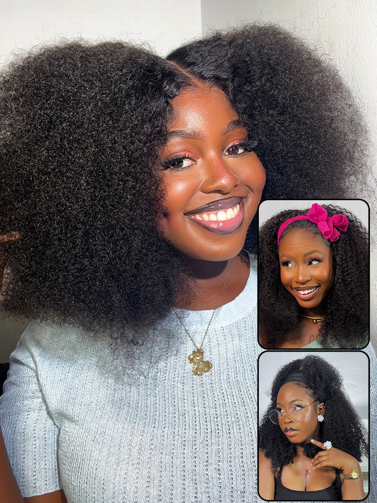 CurlyMe 3 In 1 Half Wig Afro Kinky Curly Glueless Install Half Wig With Draw-string Beginner Friendly